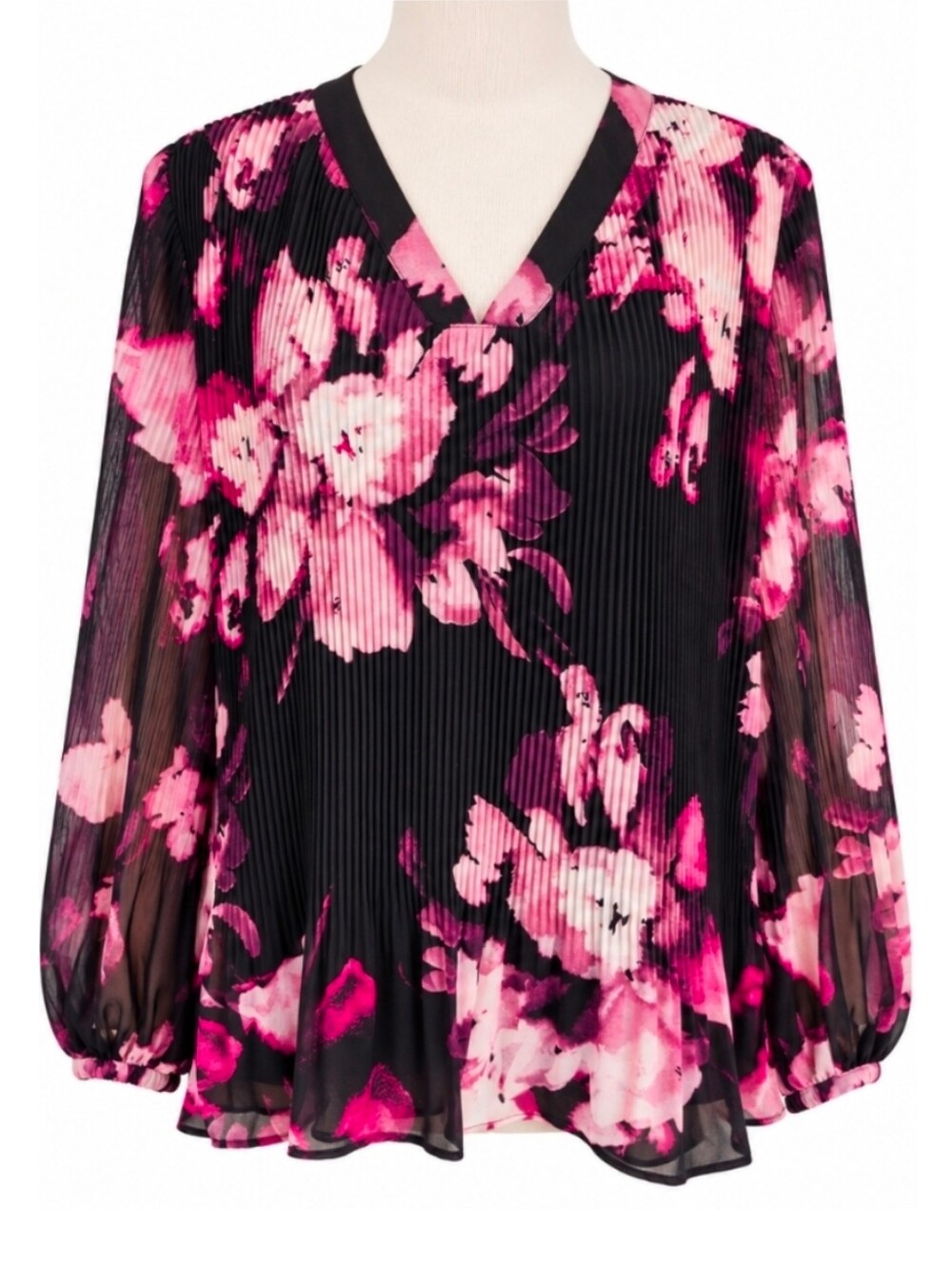 Women’s Black & Pink Floral V-Neck Pleated Blouse